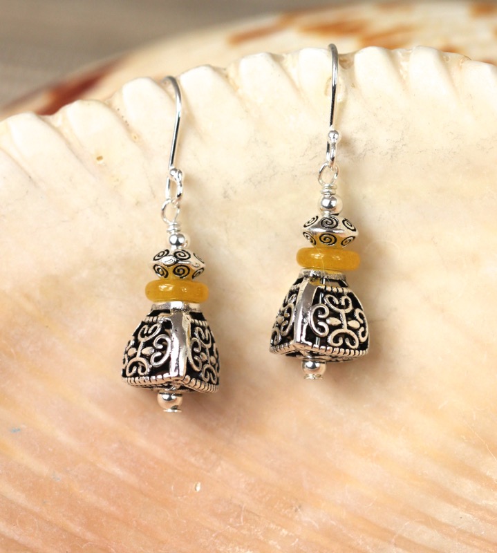 Handcrafted sterling silver and honey jade earrings