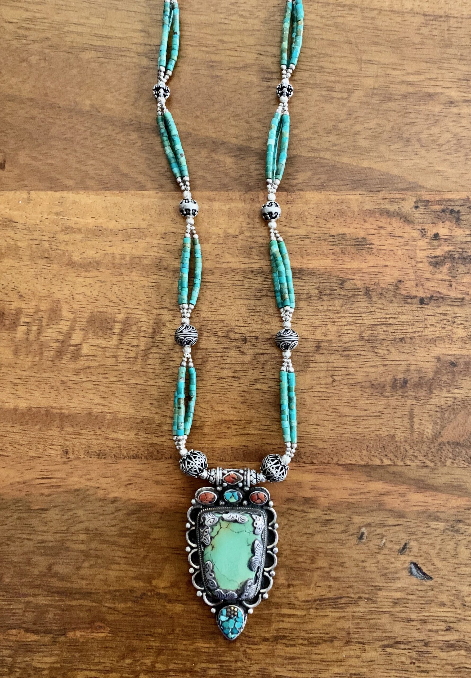 Turquoise, Silver & Coral Beaded Necklace
