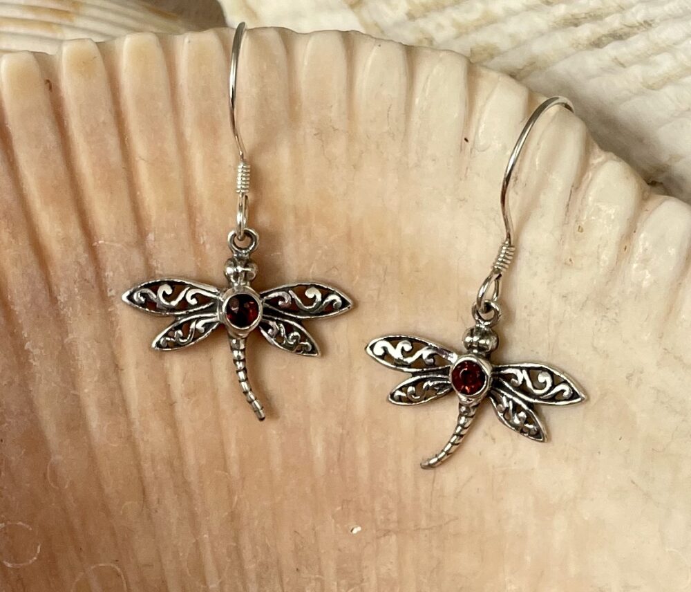 Silver with Garnet Dragonfly Earrings