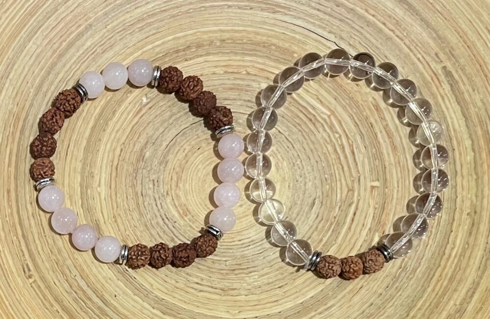 rose quartz w/rudraksha and clear quartz w/rudraksha beaded bracelet set